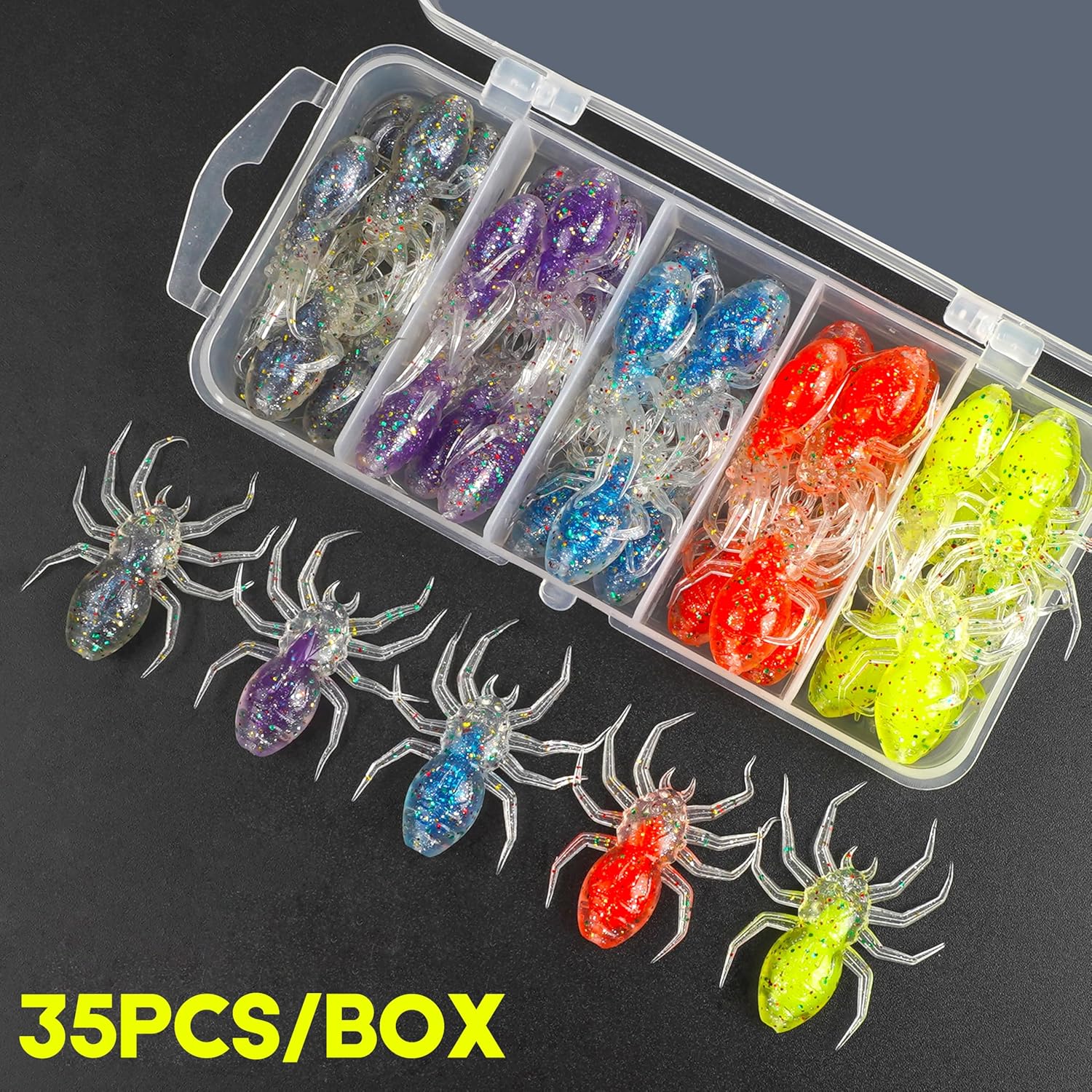 Spider Lures Bass Fishing Lures Kit,35pcs Soft Spider Bait Artificial Spiders Lure Swimbait Soft Plastic Fishing Lure Swimming Lures Baits for Bass Trout Freshwater Saltwater