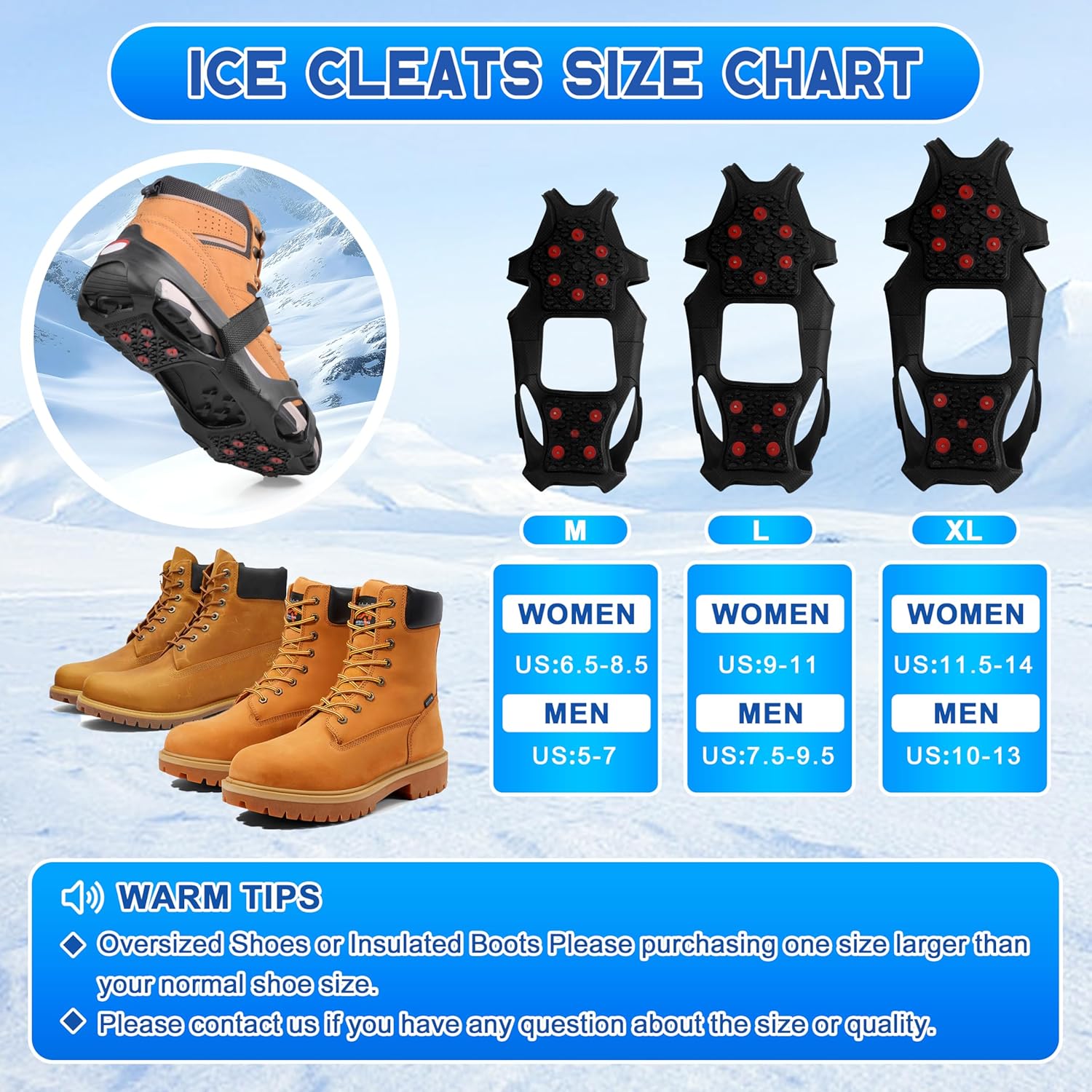 Ice Cleats for Shoes and Boots Tungsten Crampons Non-Slip Shoe Spikes Grippers for Snow and Ice Traction Cleats with Reflective Heel Slip-on Snow Cleats for Men Women Winter Walking
