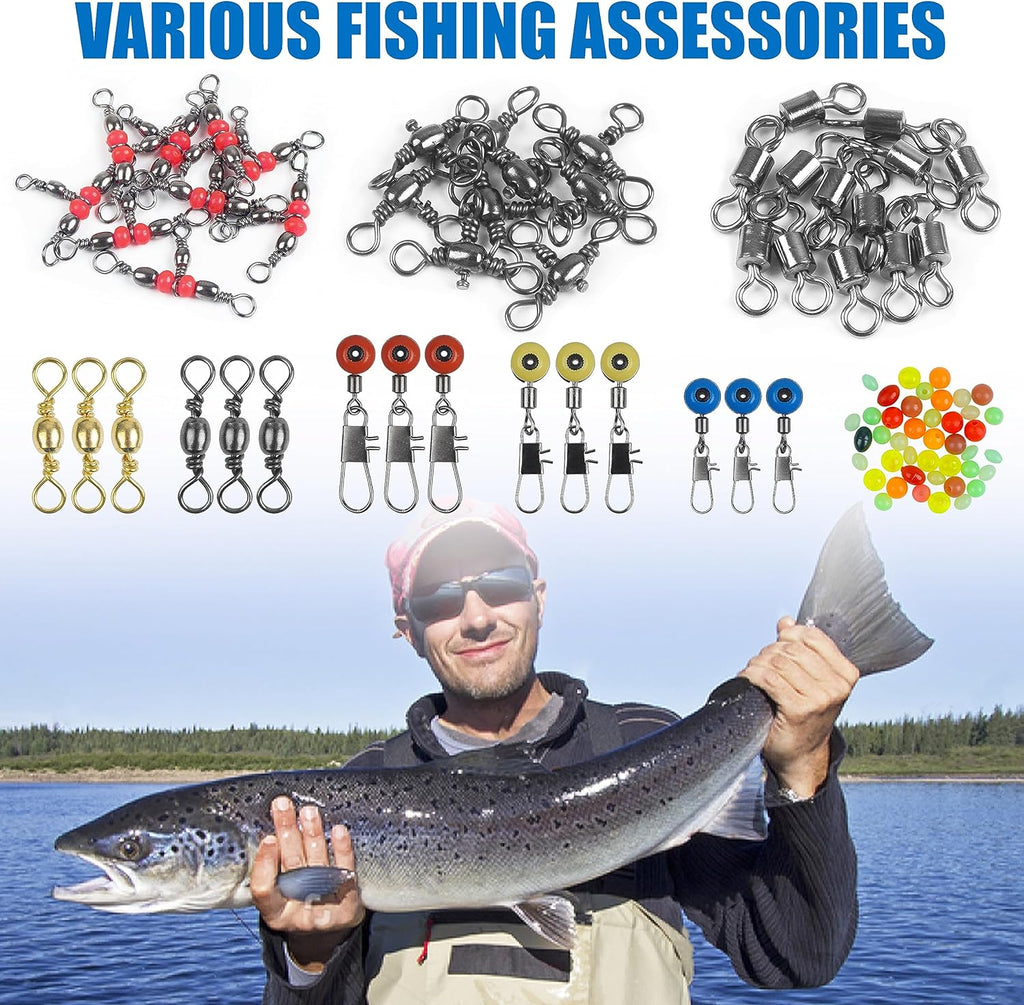 SILANON Fishing Swivels Tackle Kit, 174pcs Include Barrel Swivels,Sinker Slides,3 Way Swivels,Duo Lock Snaps,Barrel Snap Swivels Fishing Tackle Box Set for Bass Trout Saltwater Freshwater