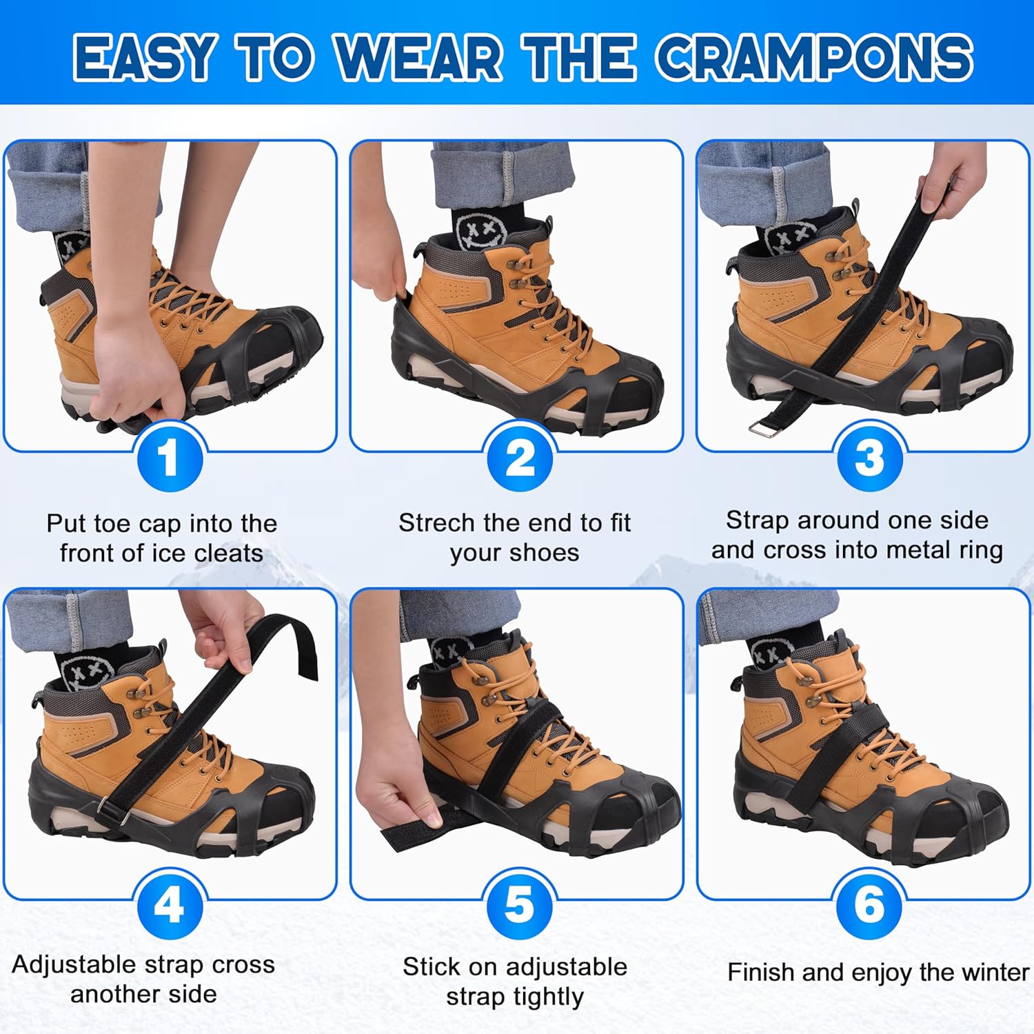 Ice Cleats for Shoes and Boots Tungsten Crampons Non-Slip Shoe Spikes Grippers for Snow and Ice Traction Cleats with Reflective Heel Slip-on Snow Cleats for Men Women Winter Walking