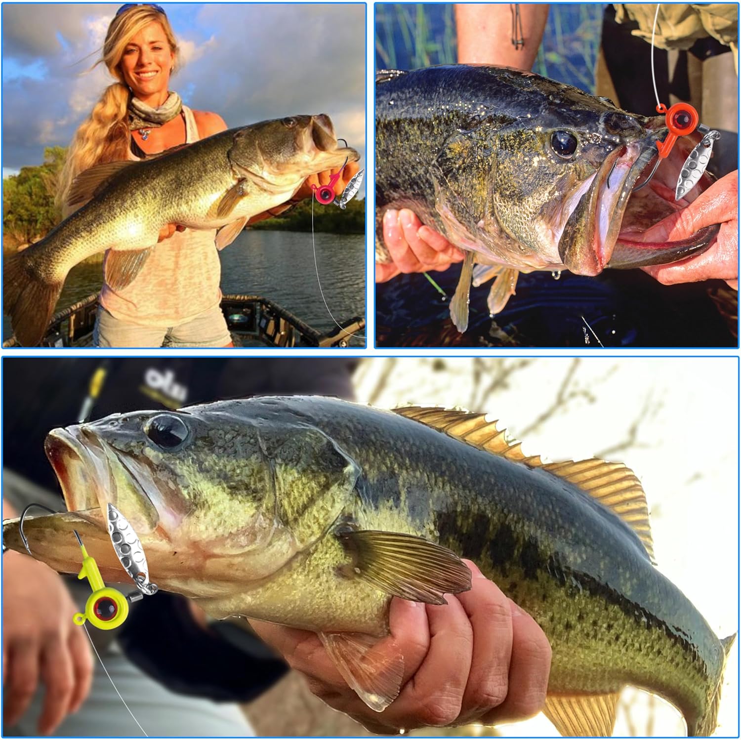 Crappie Jig Heads Kit, 16pcs Underspin Jig Heads with Spinner Blade 3D Eyes Fishing Jig Heads Hooks for Crappie Bass Trout Walleye Fishing 1/16oz 1/8oz 3/16oz