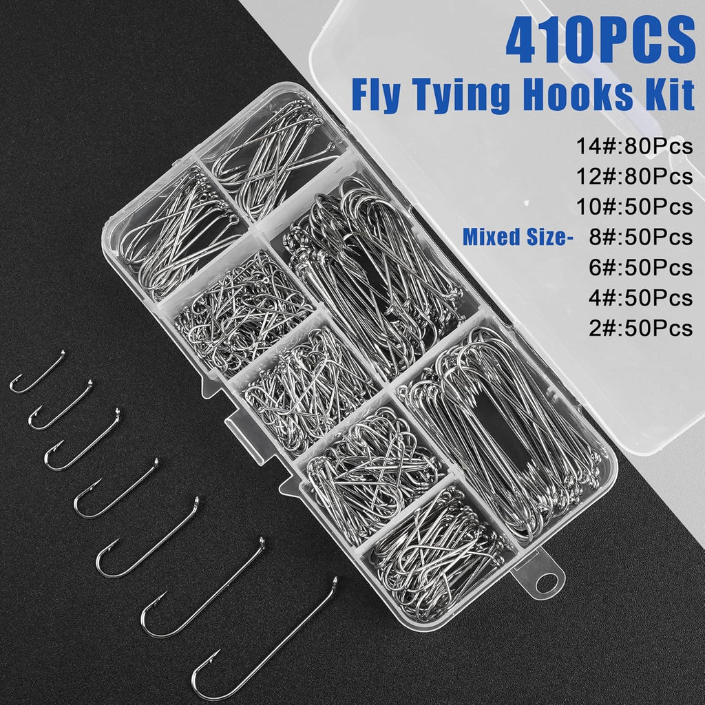 Fly Tying Hooks Assortment Kit, 410pcs Dry Fly Fishing Hooks Long Shank Eye Down Streamer Fly Hooks Dry Wet Flies Nymph Strimp & Pupa Streamer, Caddis Jig Fishing Hooks