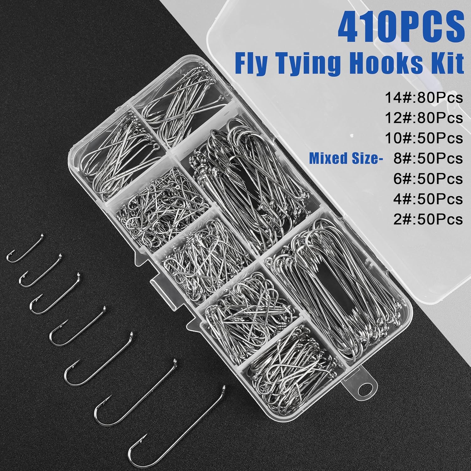 Fly Tying Hooks Assortment Kit, 410pcs Dry Fly Fishing Hooks Long Shank Eye Down Streamer Fly Hooks Dry Wet Flies Nymph Strimp & Pupa Streamer, Caddis Jig Fishing Hooks