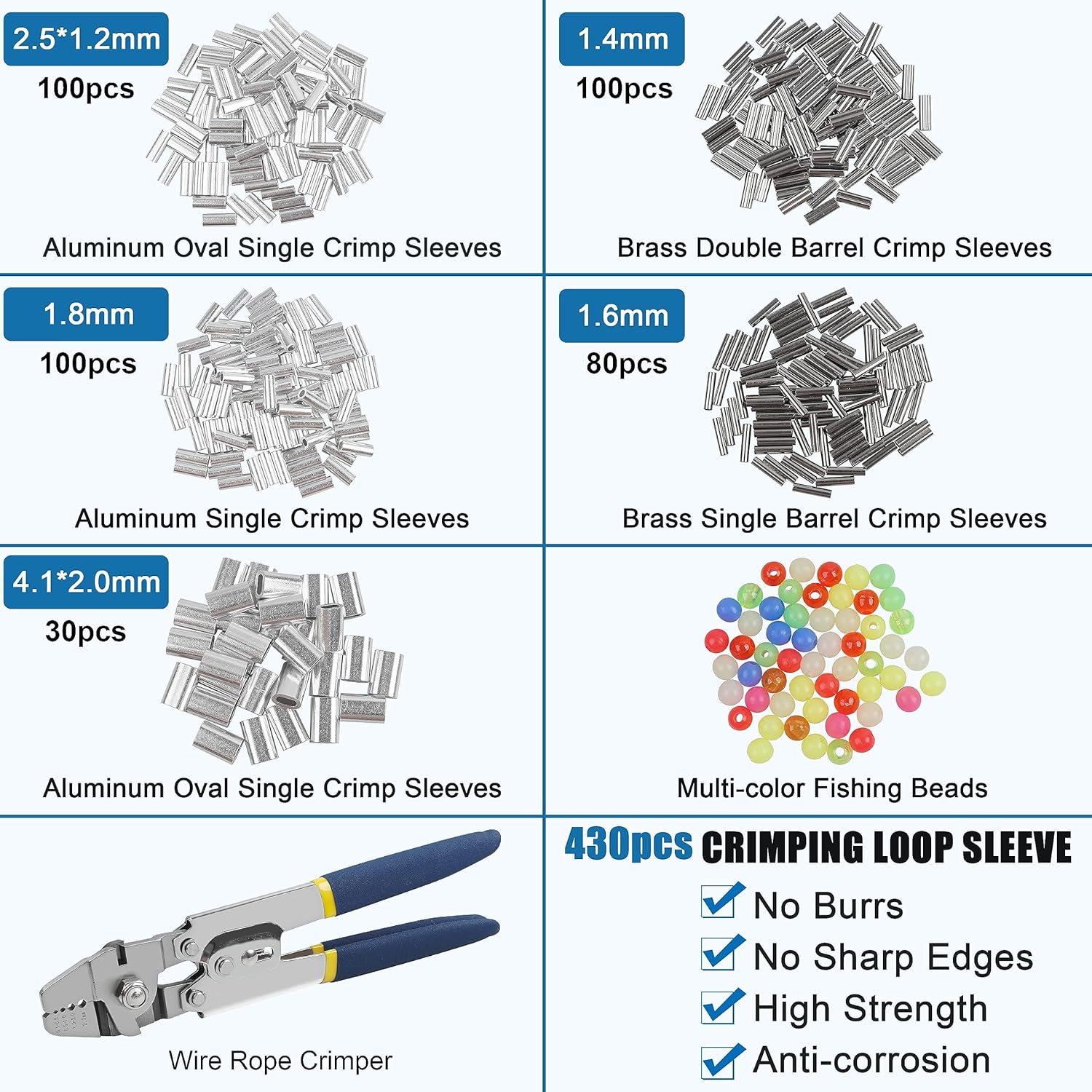 Fishing Crimping Tool Kit,Stainless Steel Fishing Crimping Pliers Wire Rope Crimping Tool with 430pcs 5 Sizes Aluminum Copper Barrel Crimp Sleeves Beads Set,4 Crimping Sizes