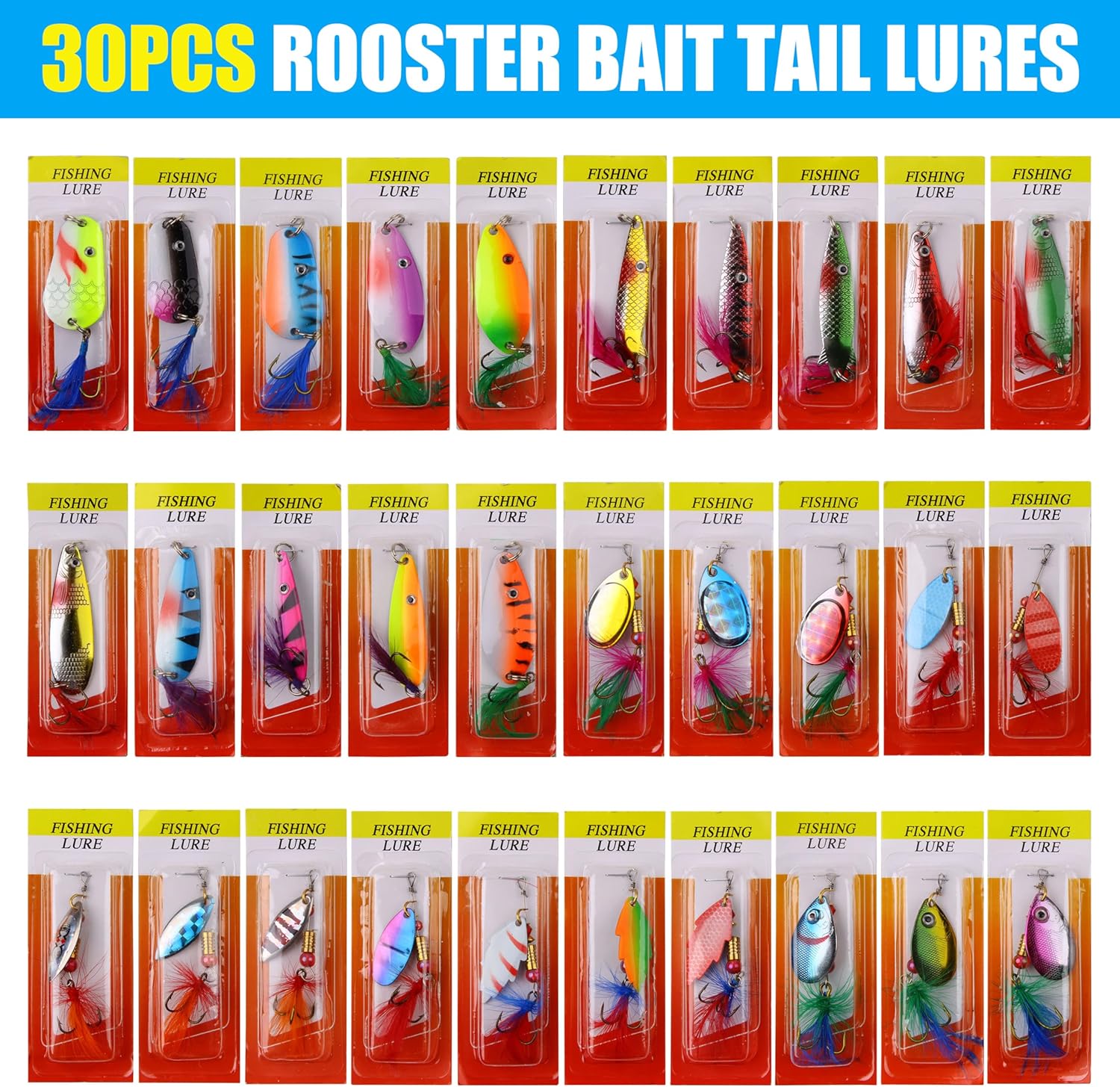 Rooster Bait Tail Spinner Fishing Lures Kit,30pcs Metal Spoon Lures with Feathered Treble Hooks for Bass Walleye Trout Freshwater Saltwater
