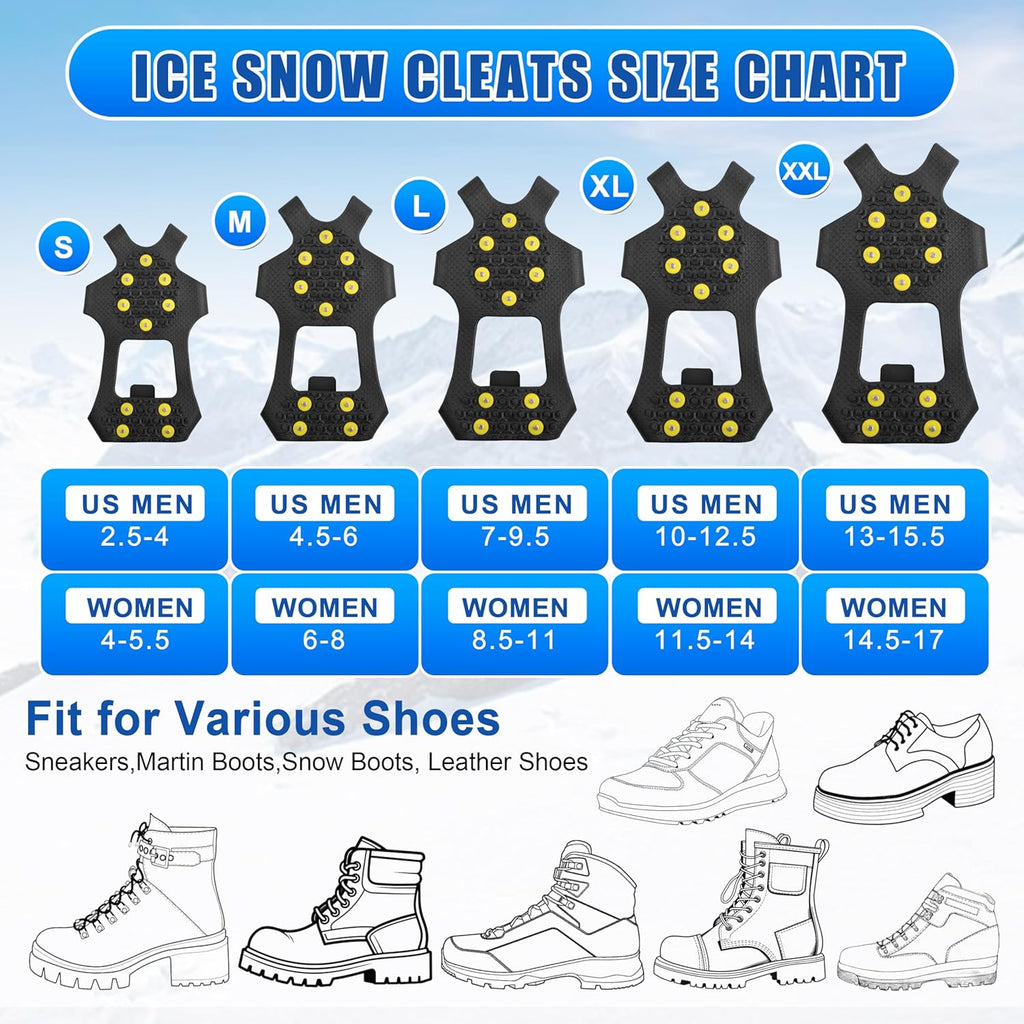 Ice Snow Cleats for Shoes Boots,Walk Traction Cleats Rubber Crampons Anti Slip 10-Stud Winter Ice Cleat Slip-on Stretch Footwear for Women Men Kids