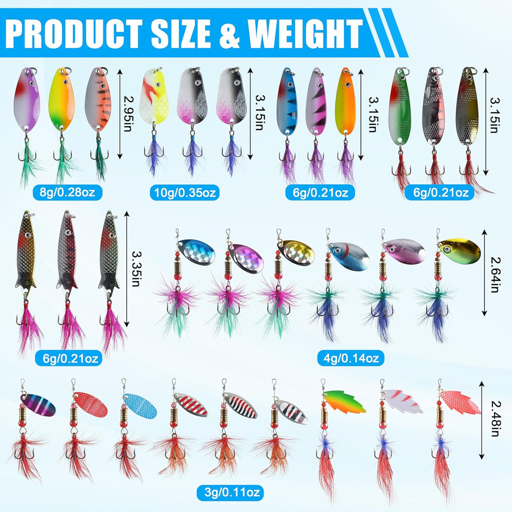 Rooster Bait Tail Spinner Fishing Lures Kit,30pcs Metal Spoon Lures with Feathered Treble Hooks for Bass Walleye Trout Freshwater Saltwater