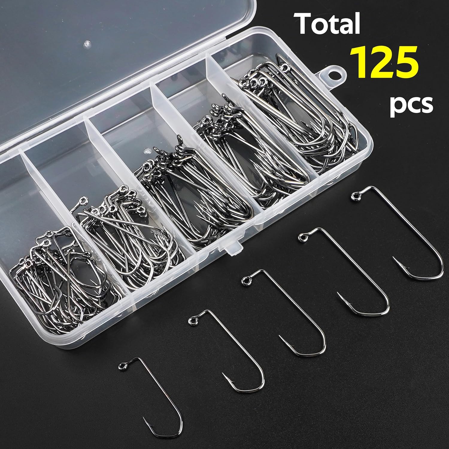 SILANON 90 Degree Aberdeen Jig Hooks Kit, 125pcs High Carbon Steel Fishing Hooks (1/0-5/0) for Saltwater & Freshwater