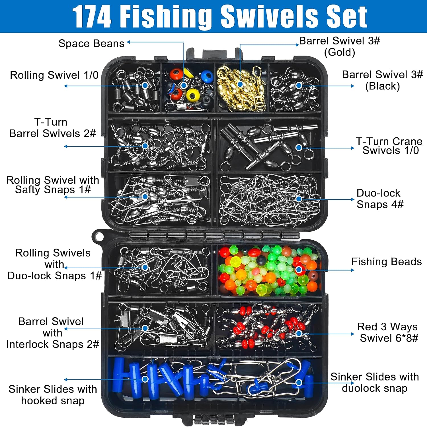 SILANON Fishing Swivels Tackle Kit, 174pcs Include Barrel Swivels,Sinker Slides,3 Way Swivels,Duo Lock Snaps,Barrel Snap Swivels Fishing Tackle Box Set for Bass Trout Saltwater Freshwater