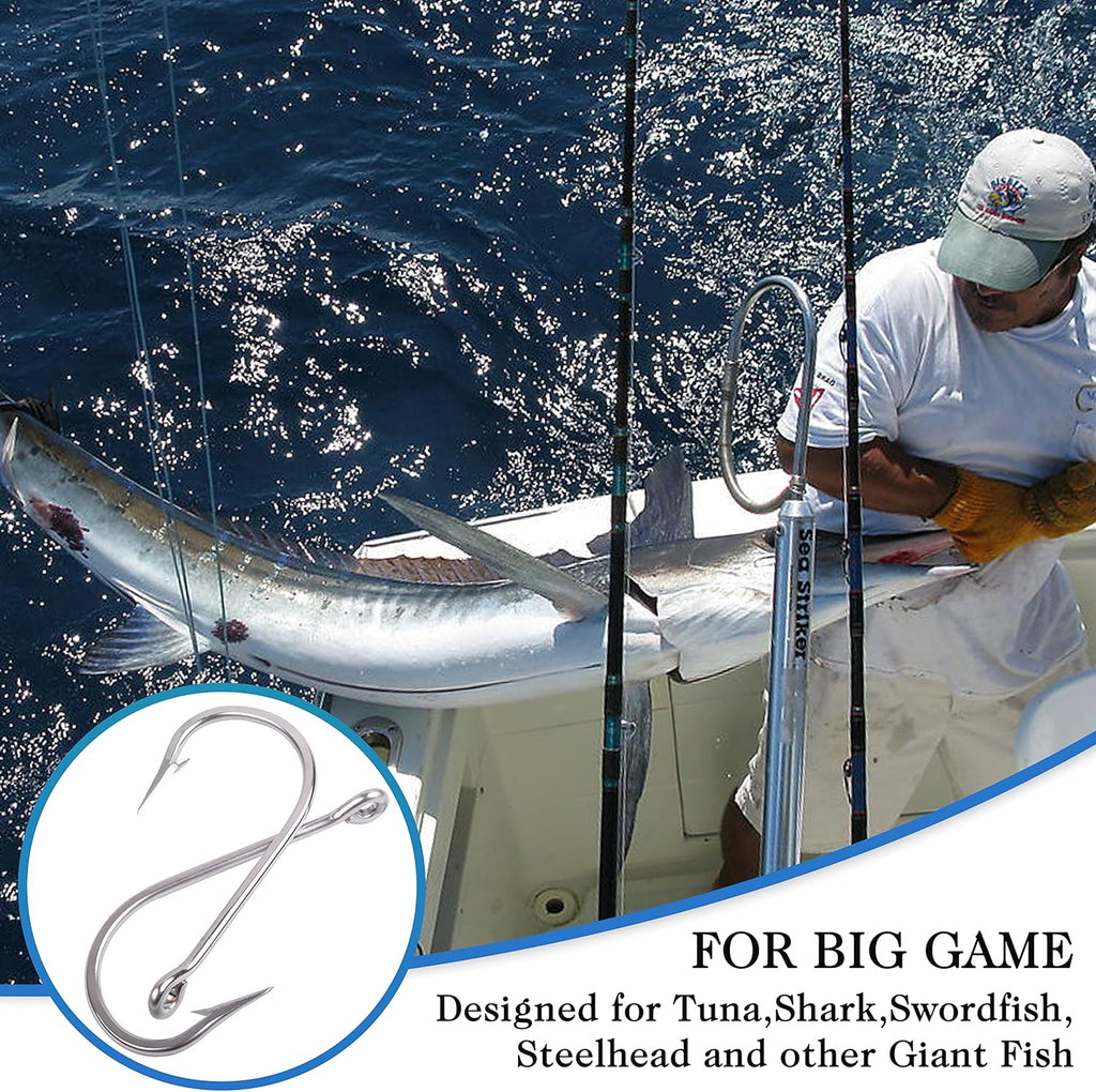 Saltwater Large Giant Shark Alligator Fishing Hooks Big Game Stainless Steel J Fishing Hooks Extra Strong Large Fish Hooks for Tuna Swordfish Catfish Size 5/0-20/0