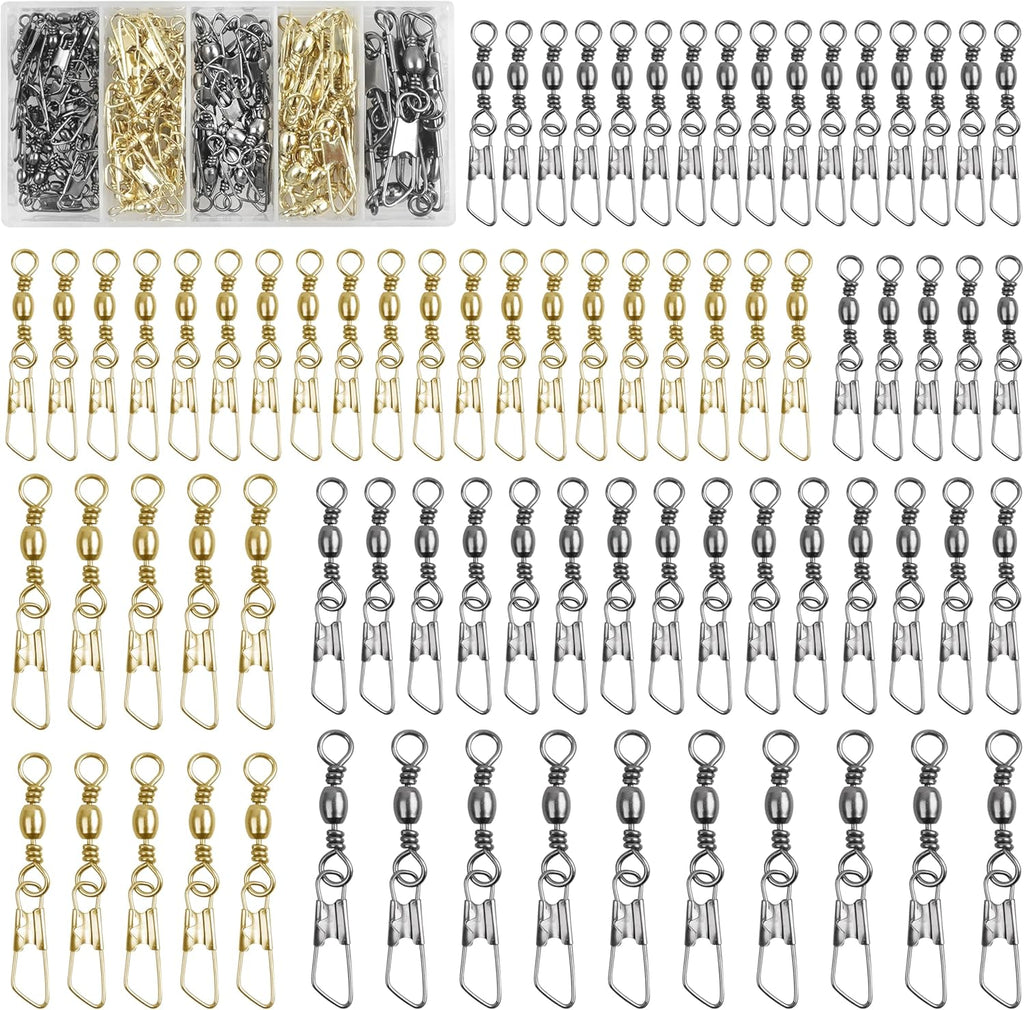 SILANON Fishing Snap Swivel Kit, 75pcs Rolling Barrel Swivels with Safety Snap High Strength Fishing Line Connector Swivels Snap Fishing Tackle