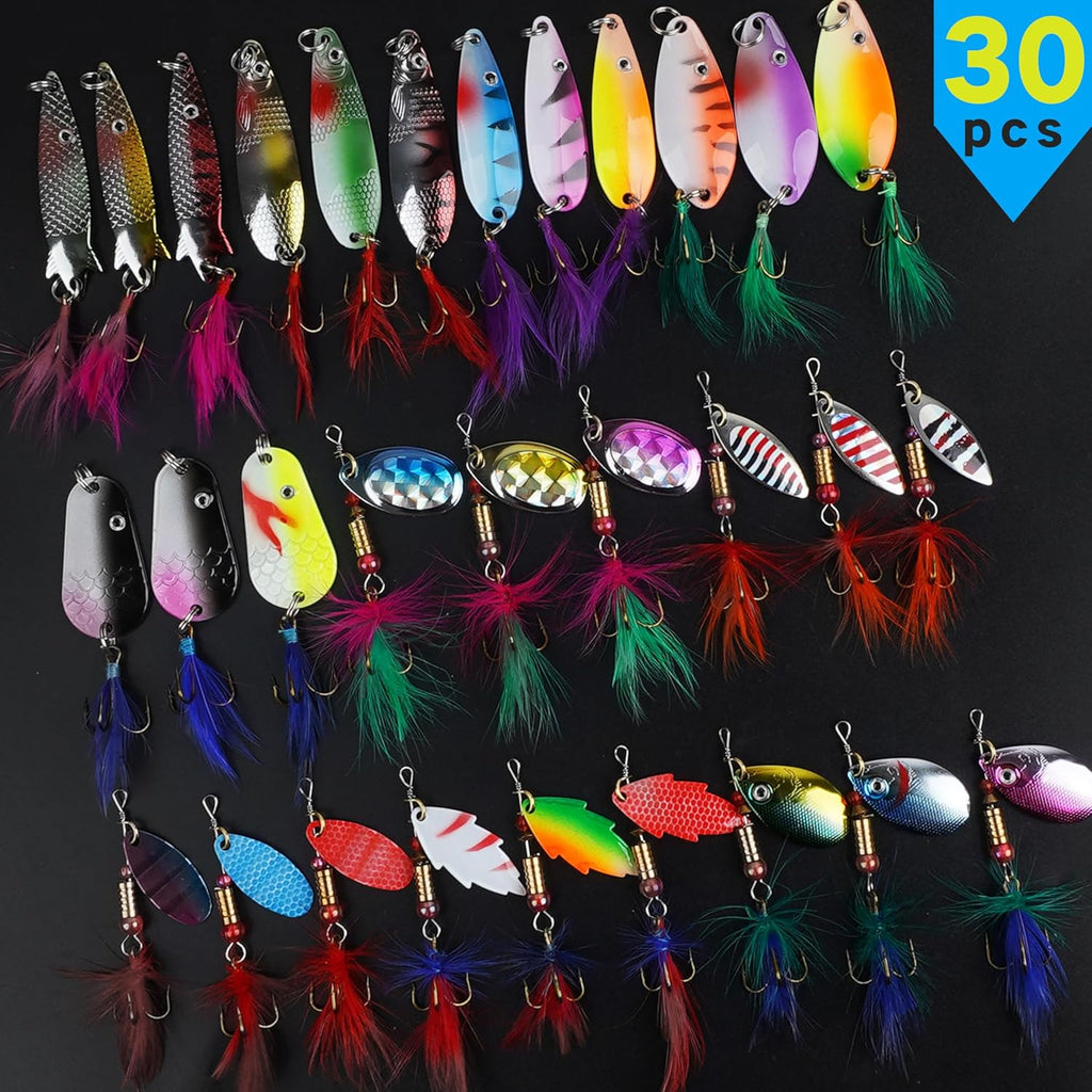 Rooster Bait Tail Spinner Fishing Lures Kit,30pcs Metal Spoon Lures with Feathered Treble Hooks for Bass Walleye Trout Freshwater Saltwater