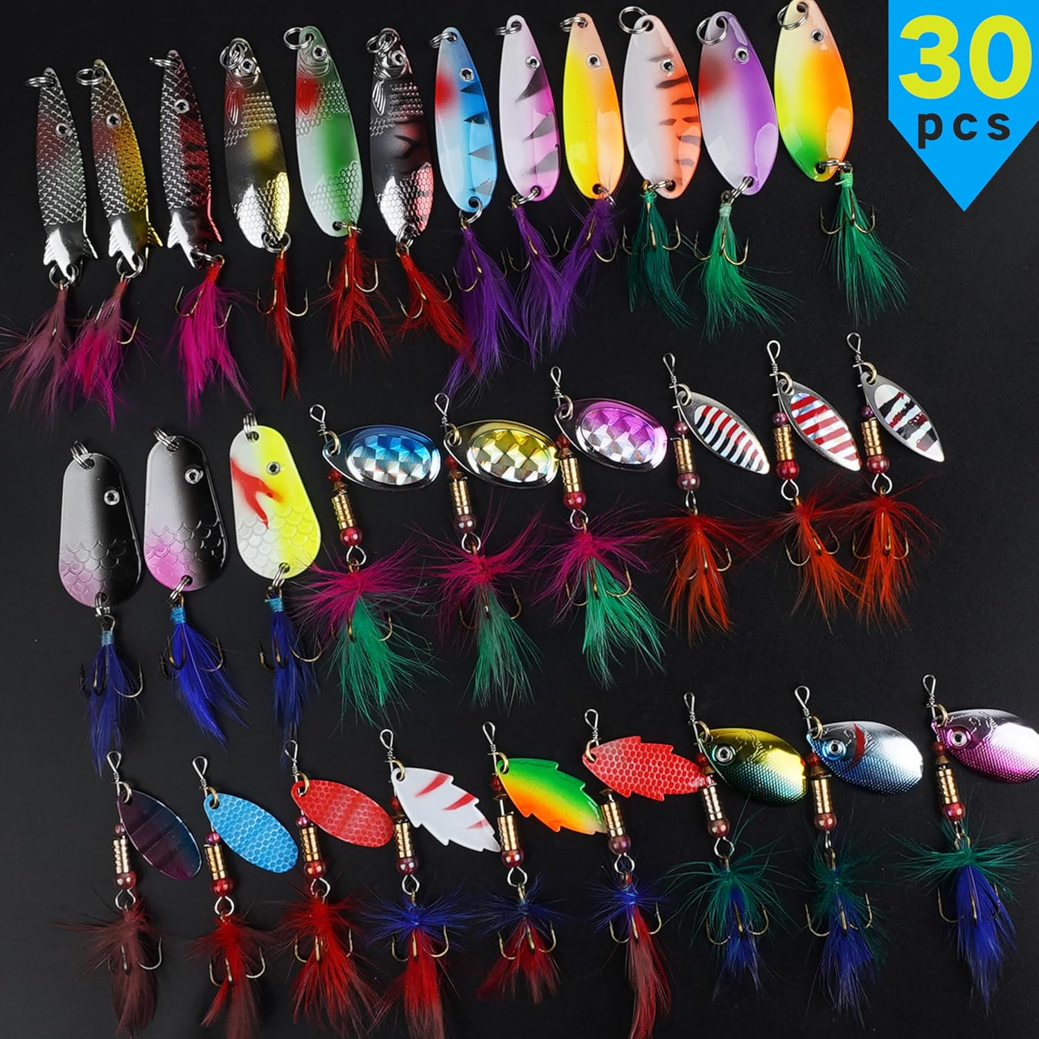 Rooster Bait Tail Spinner Fishing Lures Kit,30pcs Metal Spoon Lures with Feathered Treble Hooks for Bass Walleye Trout Freshwater Saltwater
