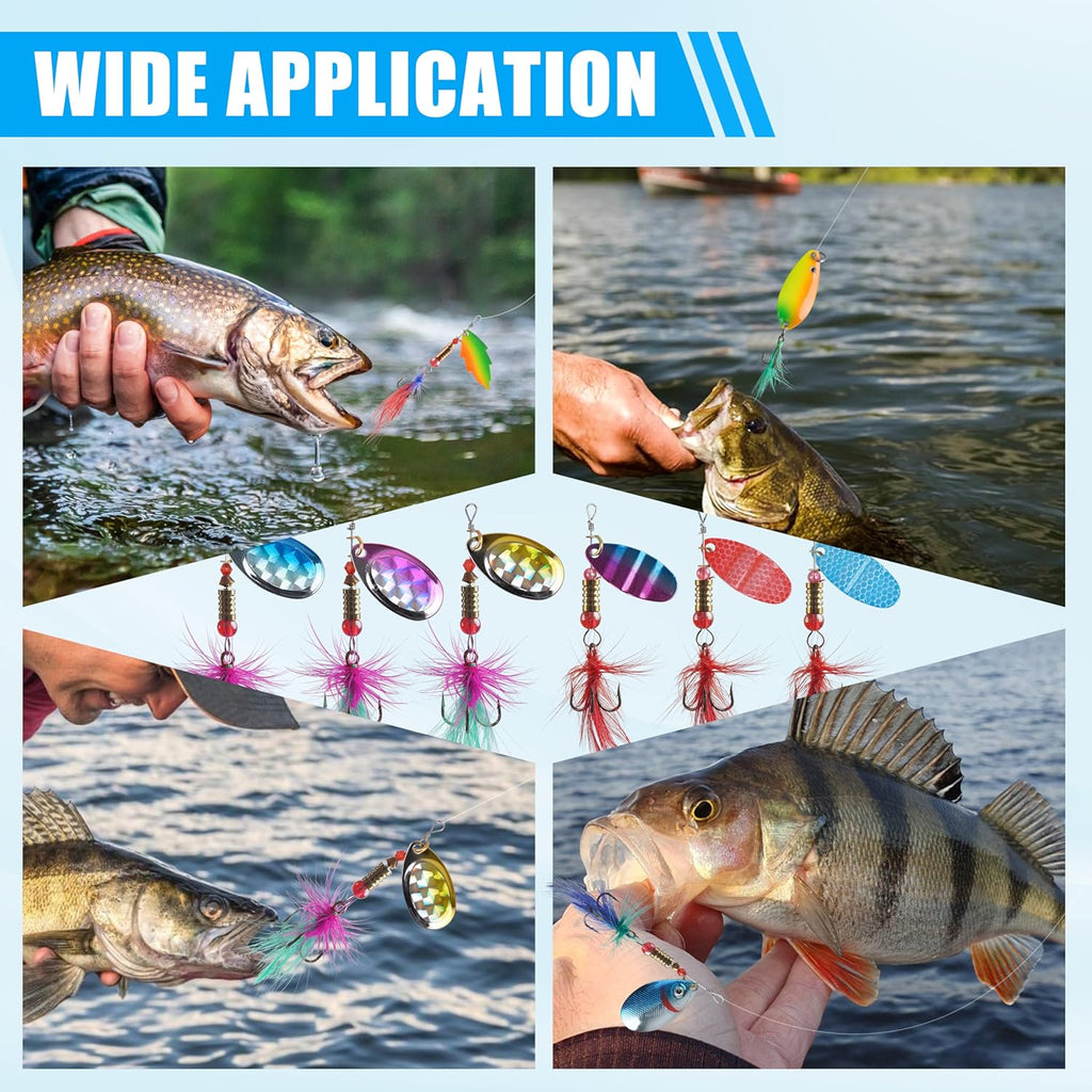 Rooster Bait Tail Spinner Fishing Lures Kit,30pcs Metal Spoon Lures with Feathered Treble Hooks for Bass Walleye Trout Freshwater Saltwater