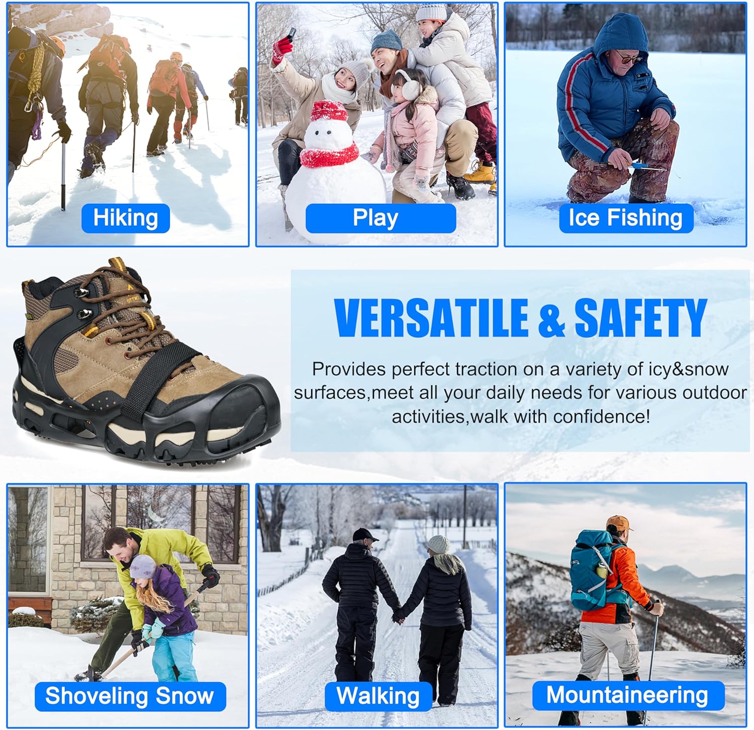 Ice Cleats Crampons for Shoes and Boots Anti Slip Snow Cleats 24 Shoe Spikes for Snow and Ice Grippers Crampons for Hiking Boots Women Men Kids Winter Walking Hiking Fishing