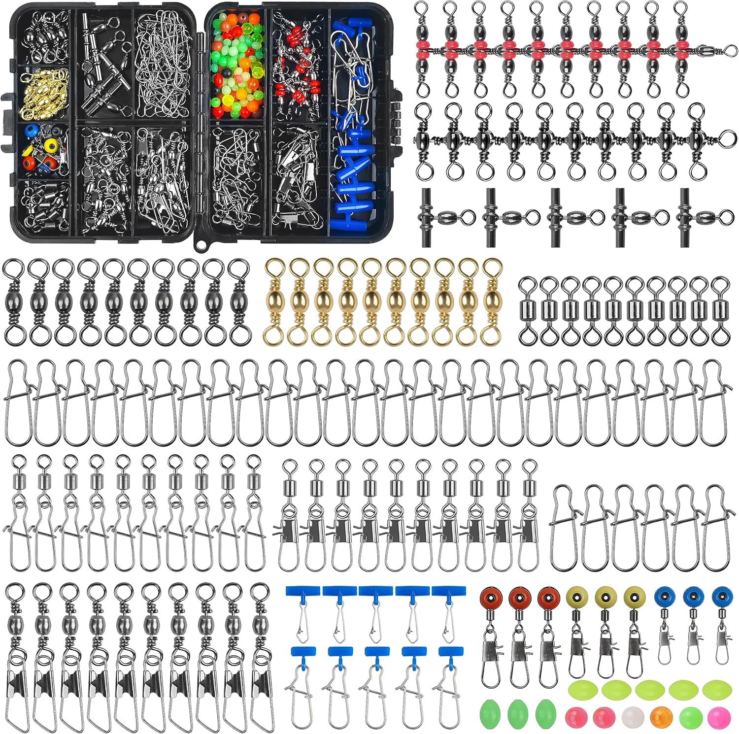 SILANON Fishing Swivels Tackle Kit, 174pcs Include Barrel Swivels,Sinker Slides,3 Way Swivels,Duo Lock Snaps,Barrel Snap Swivels Fishing Tackle Box Set for Bass Trout Saltwater Freshwater